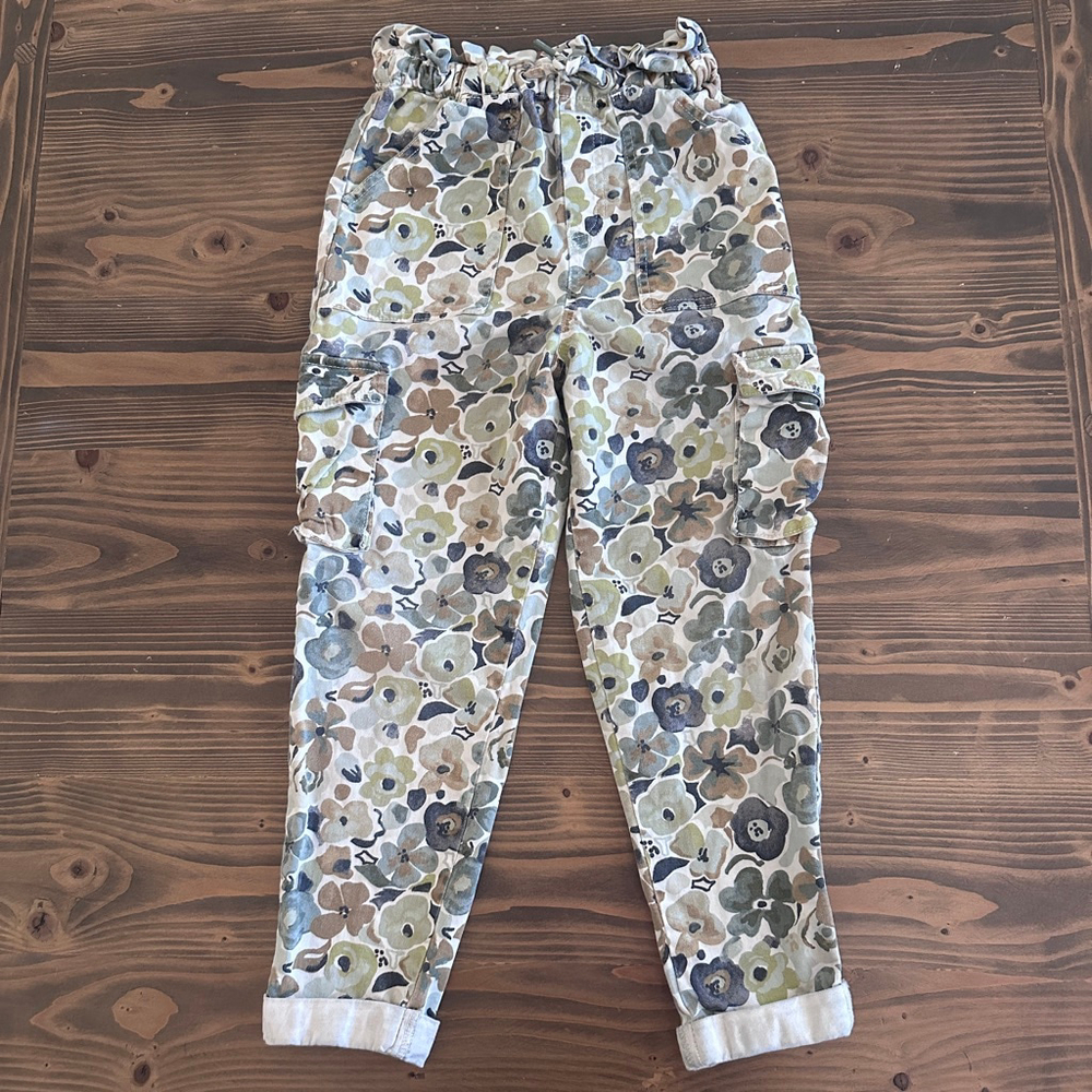 Free Assembly Girls Cargo Pants M 7/8 Floral Green Drawstring